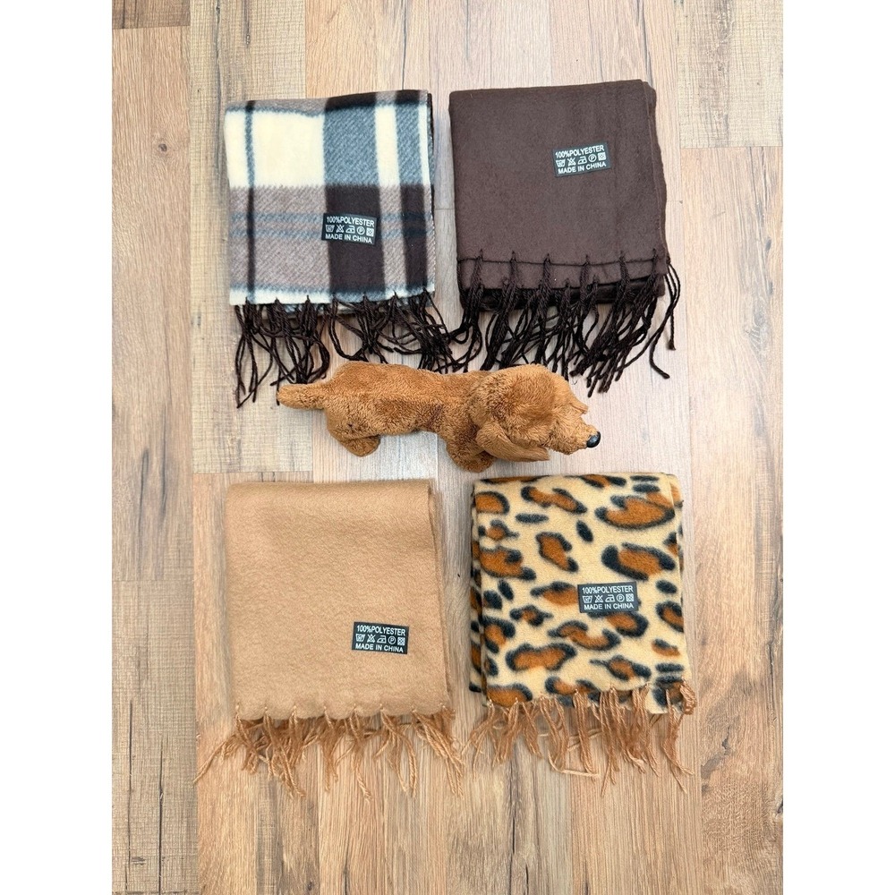 Bundle 4 Fleece Scarves Neutral Brown Leopard Plaid Soft Winter Fringe Set NEW